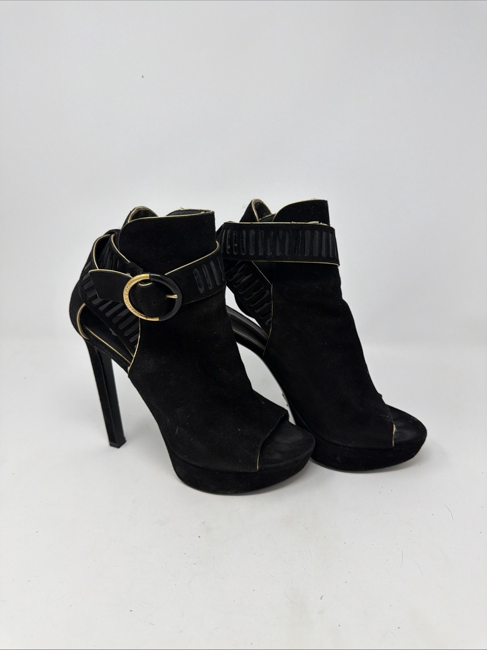 Christian Louboutin Black Suede Peep-Toe Ankle Booties with Gold Buckle